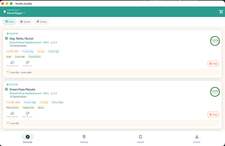 FoodieBuddy app showing personalized dish recommendations near you